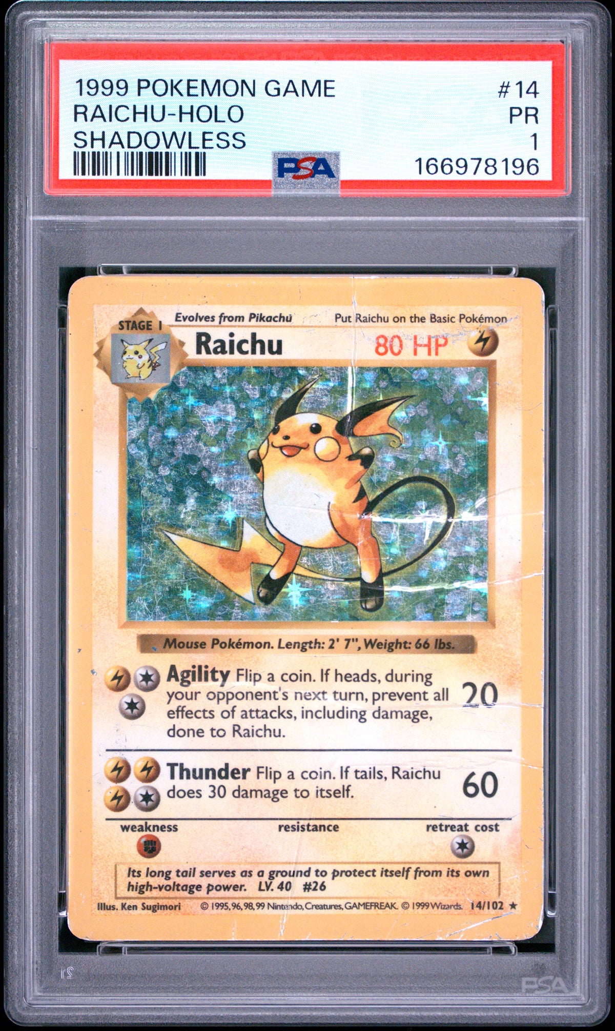 Raichu Holo Shadowless PSA 1 1999 Pokemon Base Set Shadowless #14