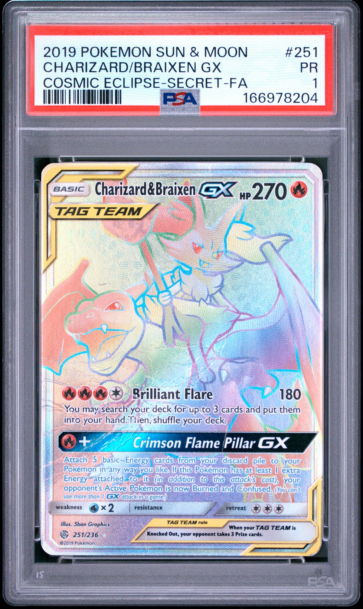 Charizard & Braixen GX Secret Fa PSA 1 2019 Pokemon SM Cosmic Eclipse #251 POP 4