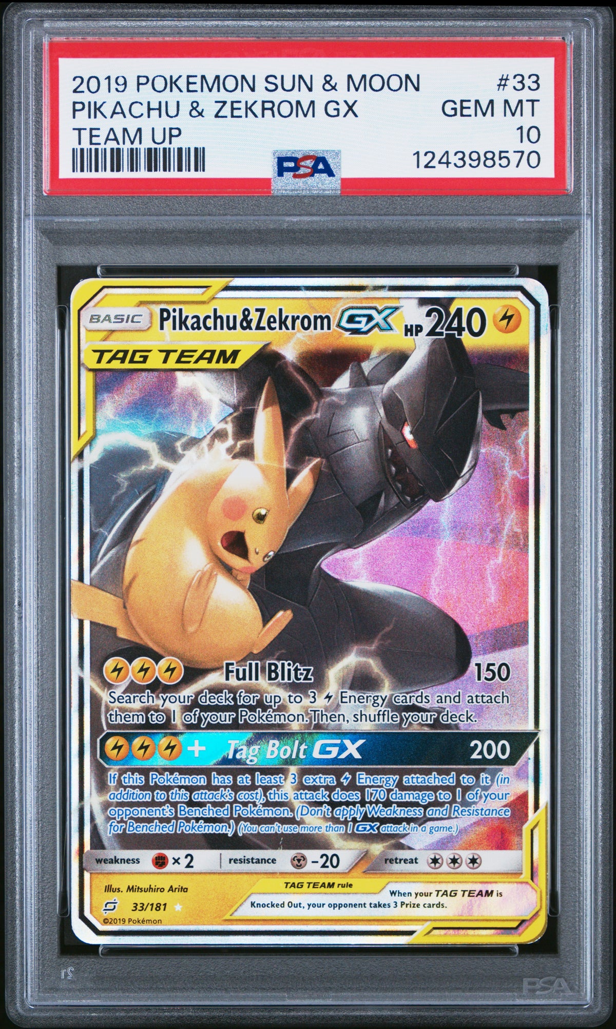 Pikachu & Zekrom GX PSA 10 2019 Pokemon Sun & Moon Team Up #33