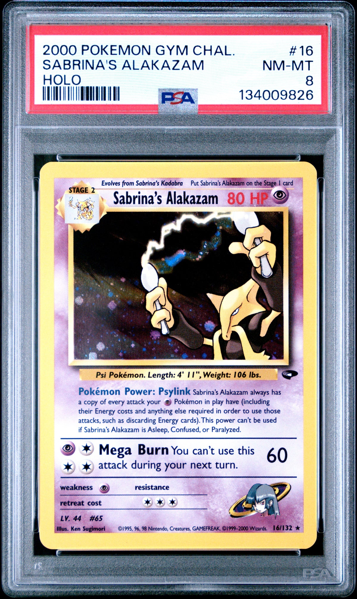 Sabrina's Alakazam Holo PSA 8 2000 Pokemon Gym Challenge #16