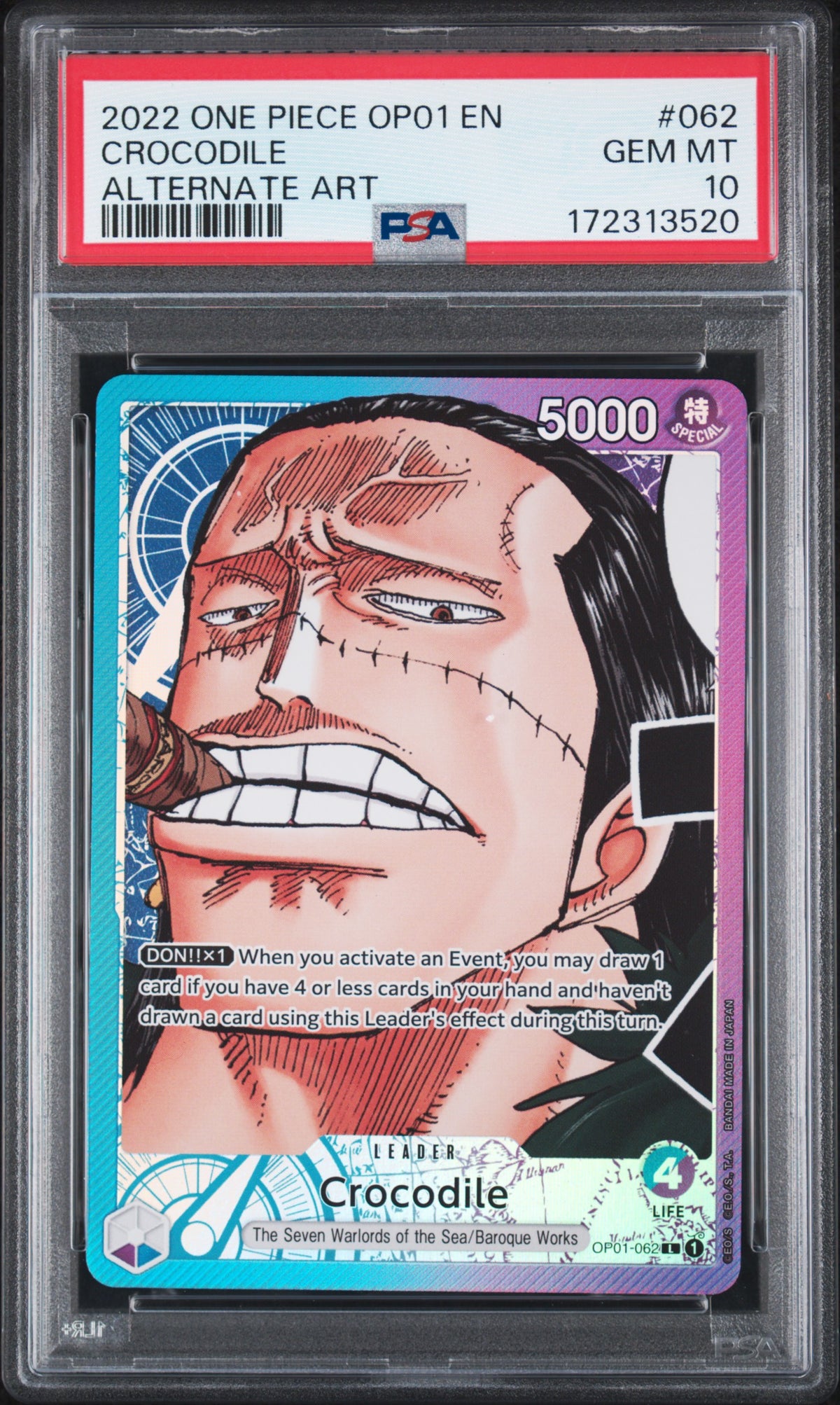 Crocodile Alternate Art PSA 10 2022 One Piece Op01-Romance Dawn #062