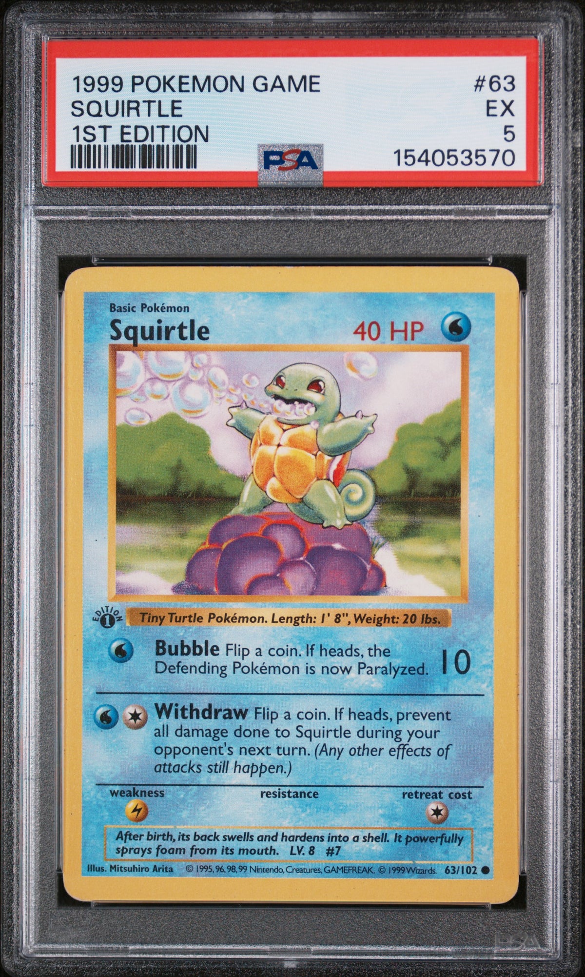 Squirtle 1st Edition PSA 5 1999 Pokemon Base Set Shadowless #63