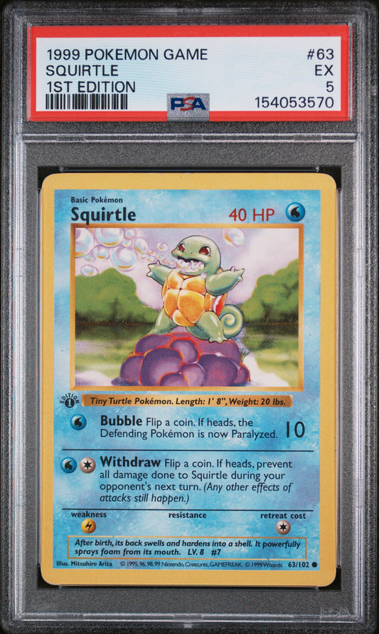 Squirtle 1st Edition PSA 5 1999 Pokemon Base Set Shadowless #63
