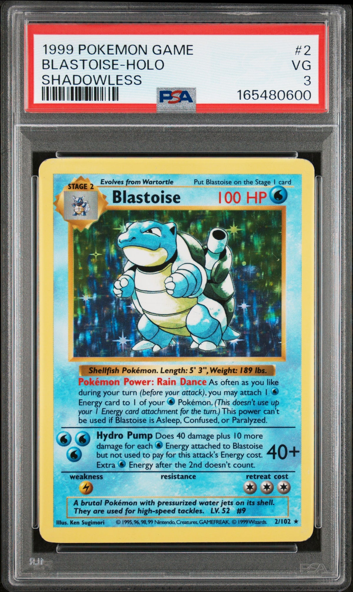 Blastoise Holo PSA 3 1999 Pokemon Base Set Shadowless #2
