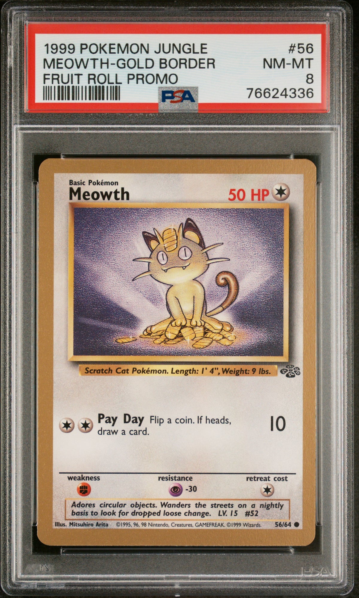 Meowth Gold Border Fruit Roll Promo PSA 8 1999 Pokemon Jungle Promo #56
