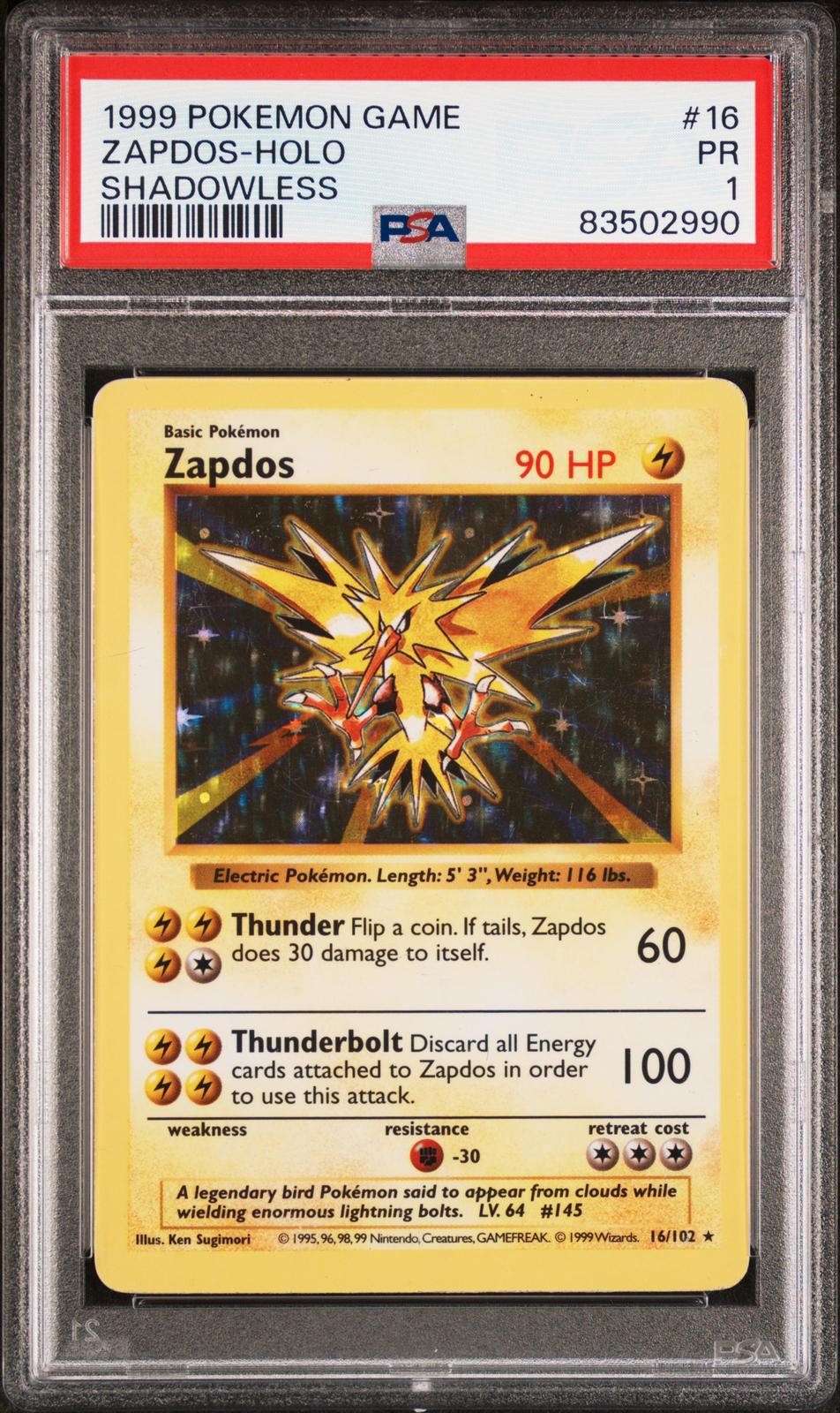 Zapdos Holo Shadowless PSA 1 1999 Pokemon Base Set Shadowless #16