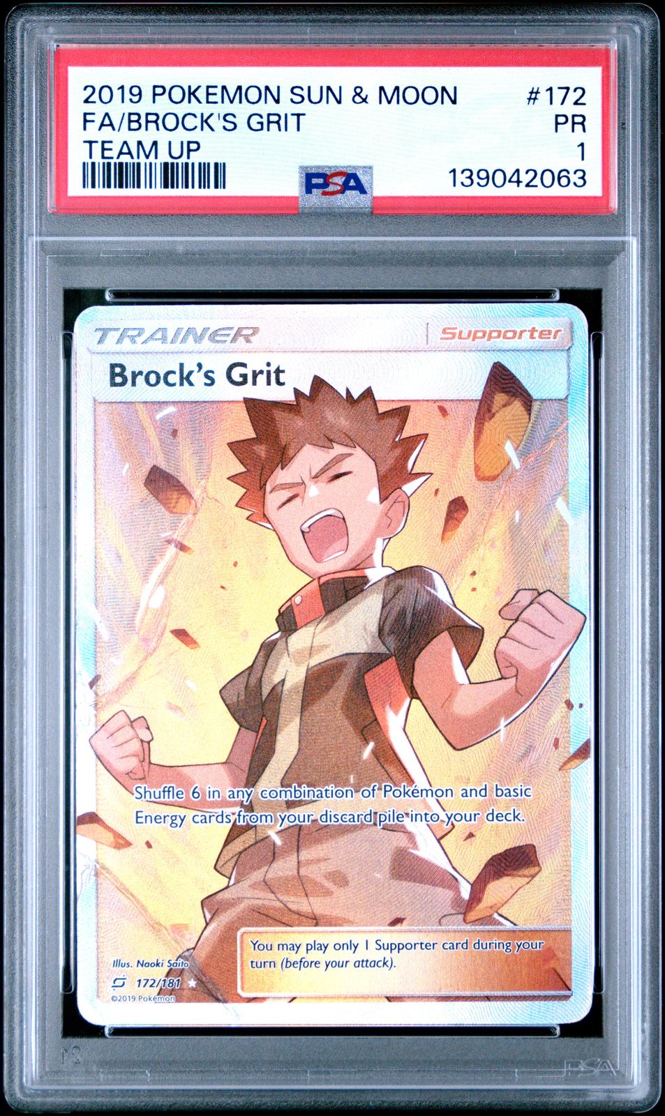 Brock's Grit PSA 1 2019 Pokemon Sun & Moon Team Up #172