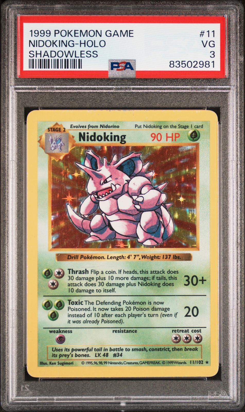 Nidoking Holo Shadowless PSA 3 1999 Pokemon Base Set Shadowless #11