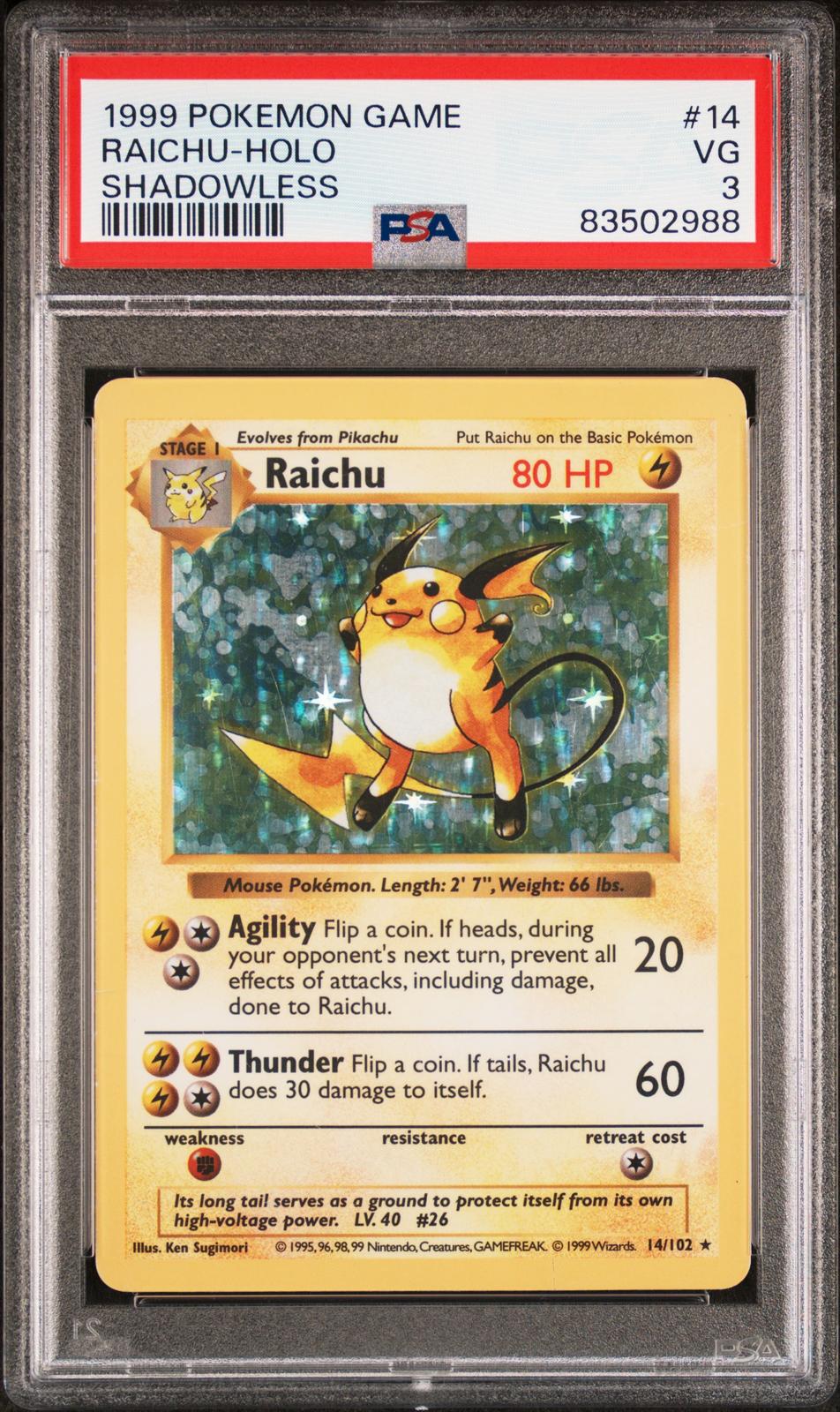 Raichu Holo Shadowless PSA 3 1999 Pokemon Base Set Shadoless #14
