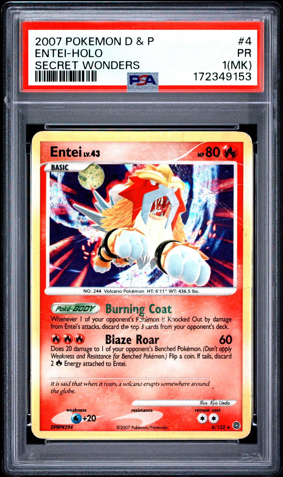 Entei Holo PSA 1 2007 Pokemon Diamond & Pearl Secret Wonders #4 - POP 9 - MARK
