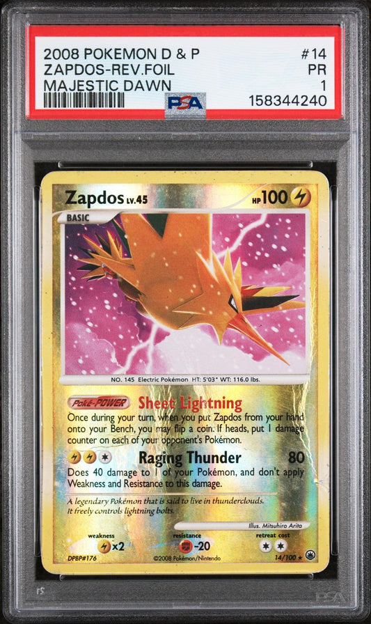Zapdos Reverse Holo PSA 1 2008 Pokemon Diamond & Pearl Majestic Dawn #14 - POP 2