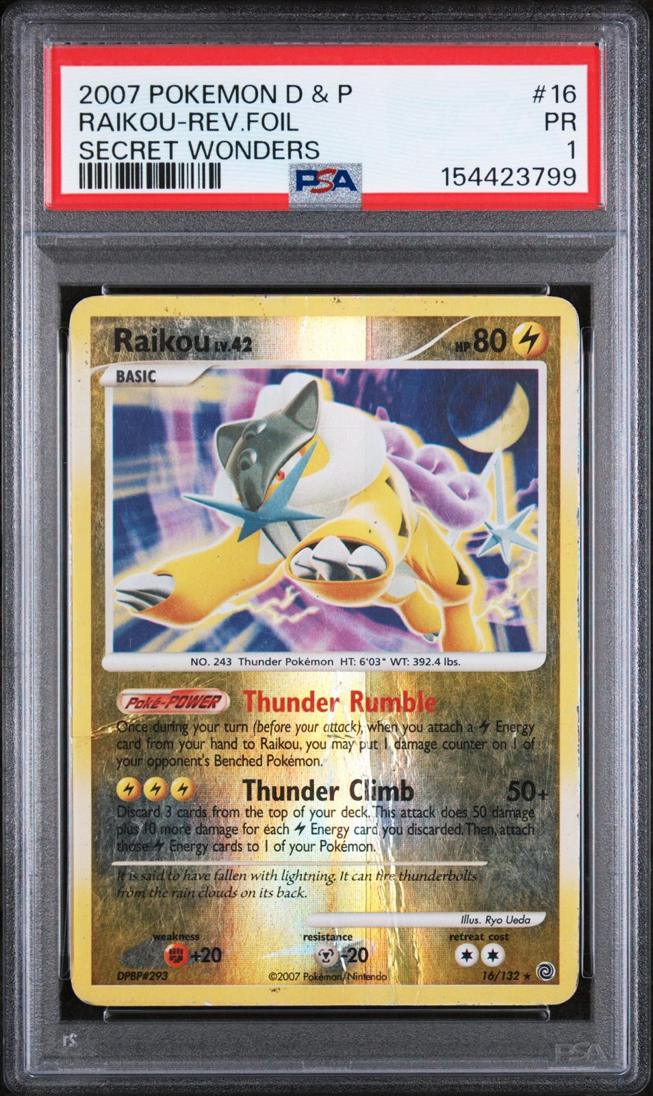 Raikou Reverse Holo PSA 1 2007 Diamond & Pearl Secret Wonders #16 - POP 2