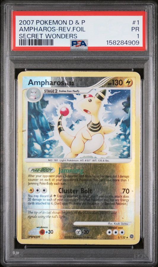 Ampharos Reverse Holo PSA 1 2007 Diamond & Pearl Secret Wonders #1 - POP 1