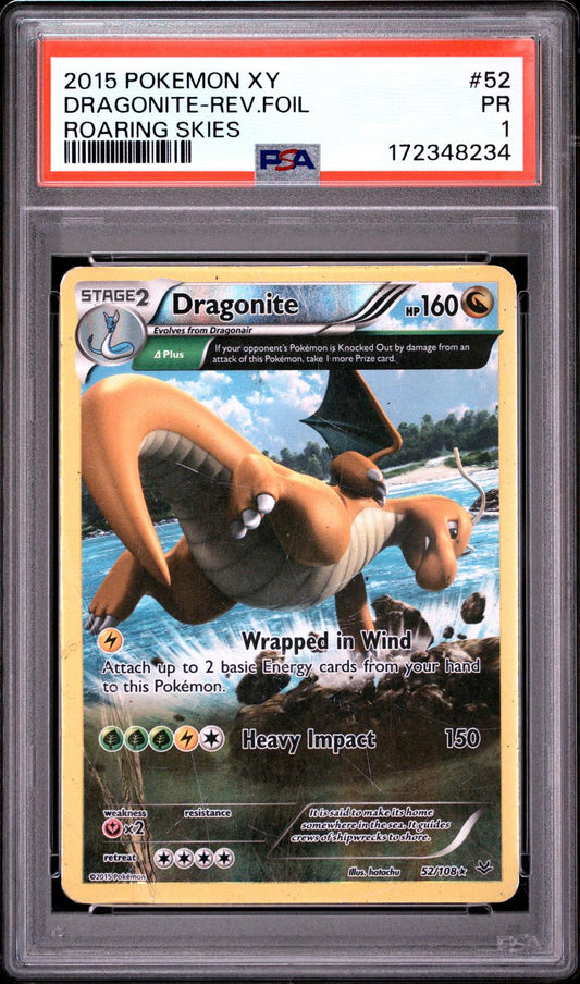 Dragonite Reverse Holo PSA 1 2015 Pokemon XY Roaring Skies #52 - POP 2