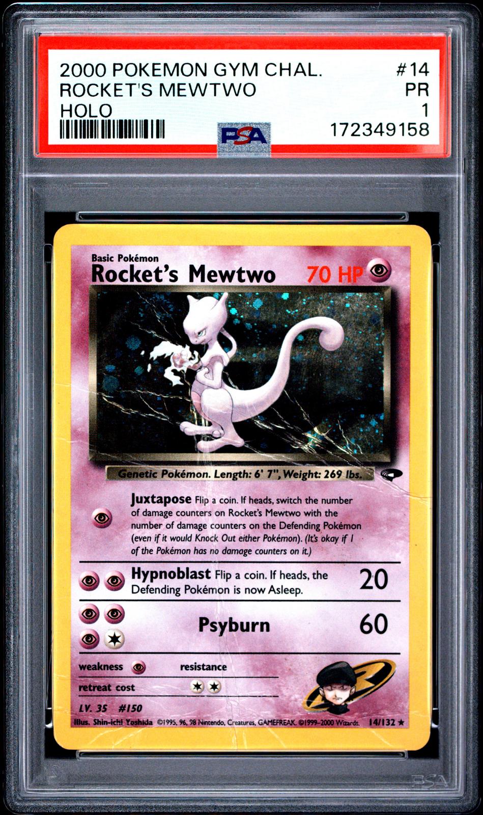 Rocket's Mewtwo Holo PSA 1 2000 Pokemon Gym Challenge #14 - SWIRL!