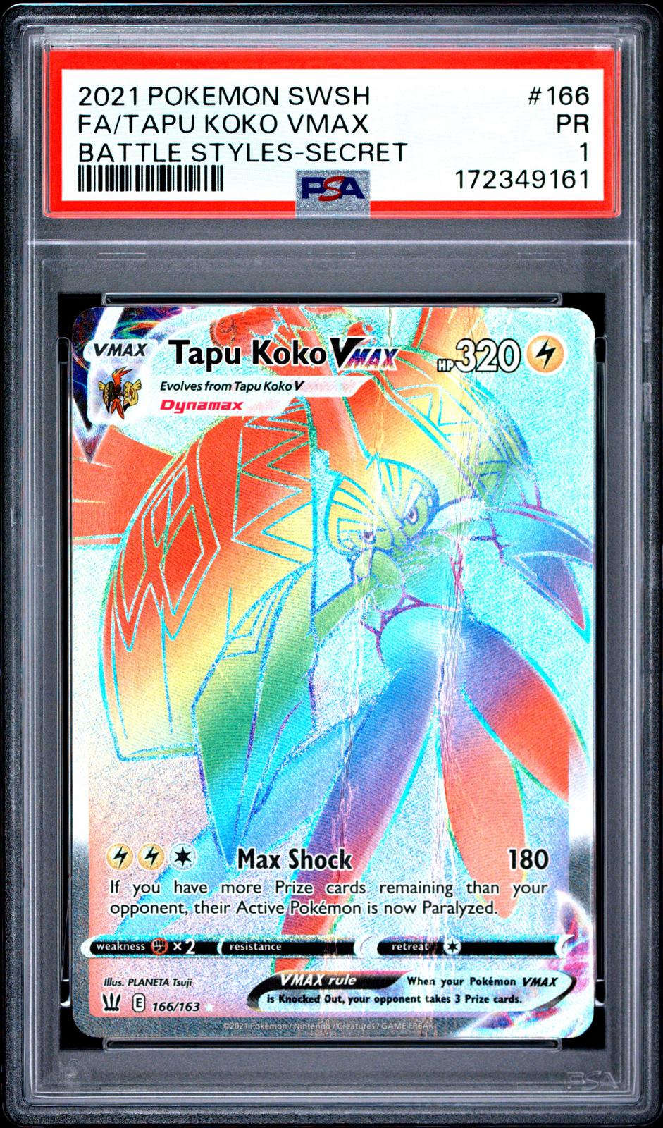 Tapu Koko VMAX Secret PSA 1 2021 Sword & Shield Battle Styles #166 - POP 1