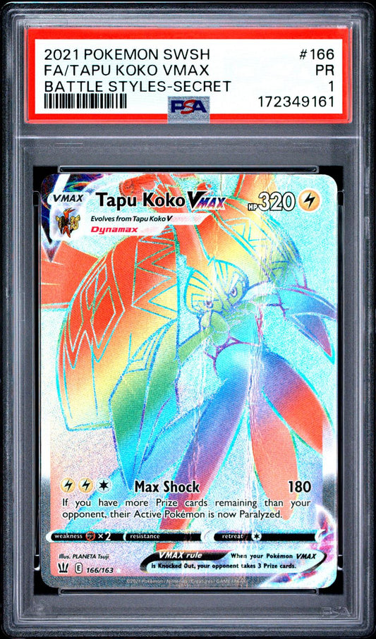 Tapu Koko VMAX Secret PSA 1 2021 Sword & Shield Battle Styles #166 - POP 1