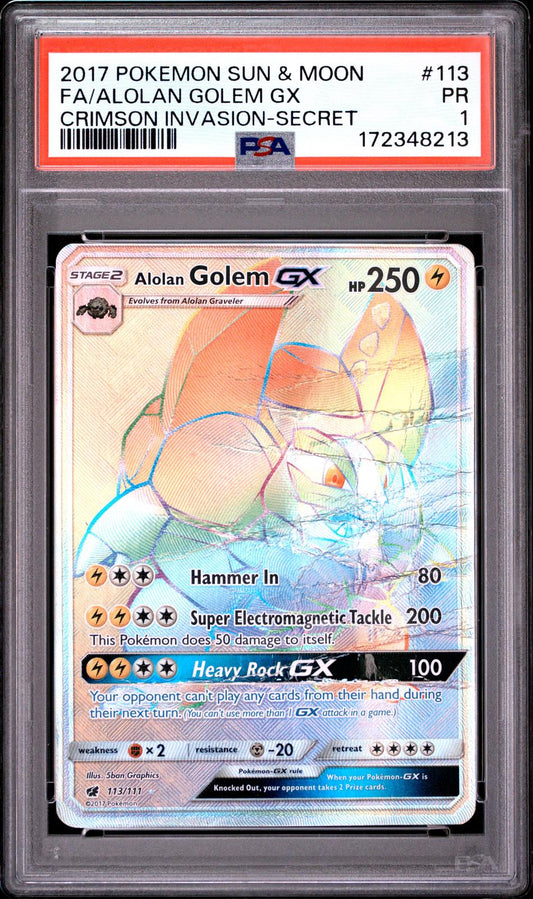 Alolan Golem GX Secret PSA 1 2017 Sun & Moon Crimson Invasion #113 - POP 1