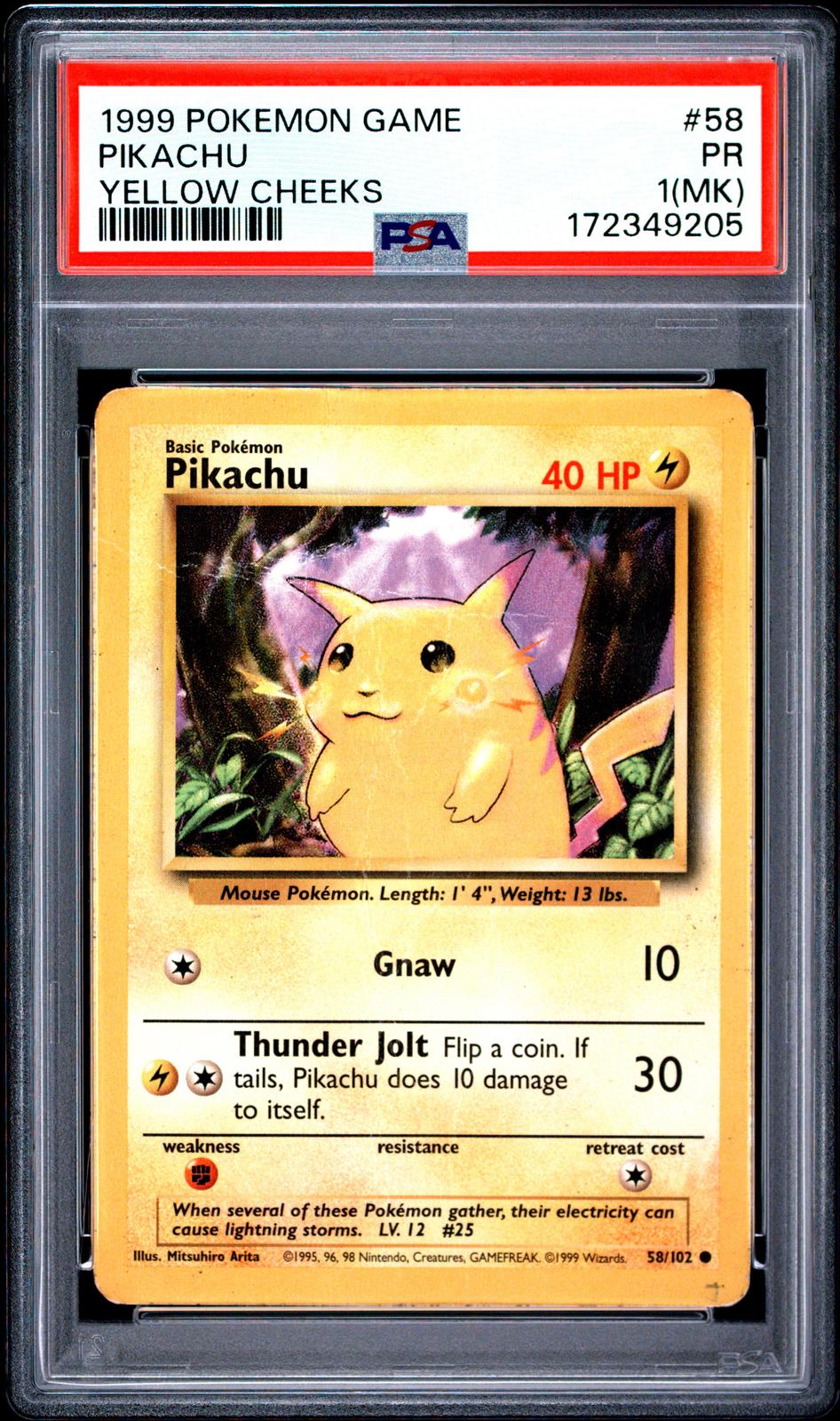 Pikachu Yellow Cheeks PSA 1 1999 Base Set #58 Mark