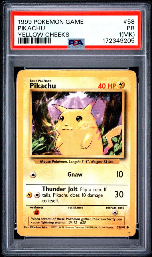 Pikachu Yellow Cheeks PSA 1 1999 Base Set #58 Mark
