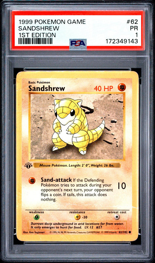 Sandshrew 1st Edition PSA 1 1999 Base Set #62 - POP 12