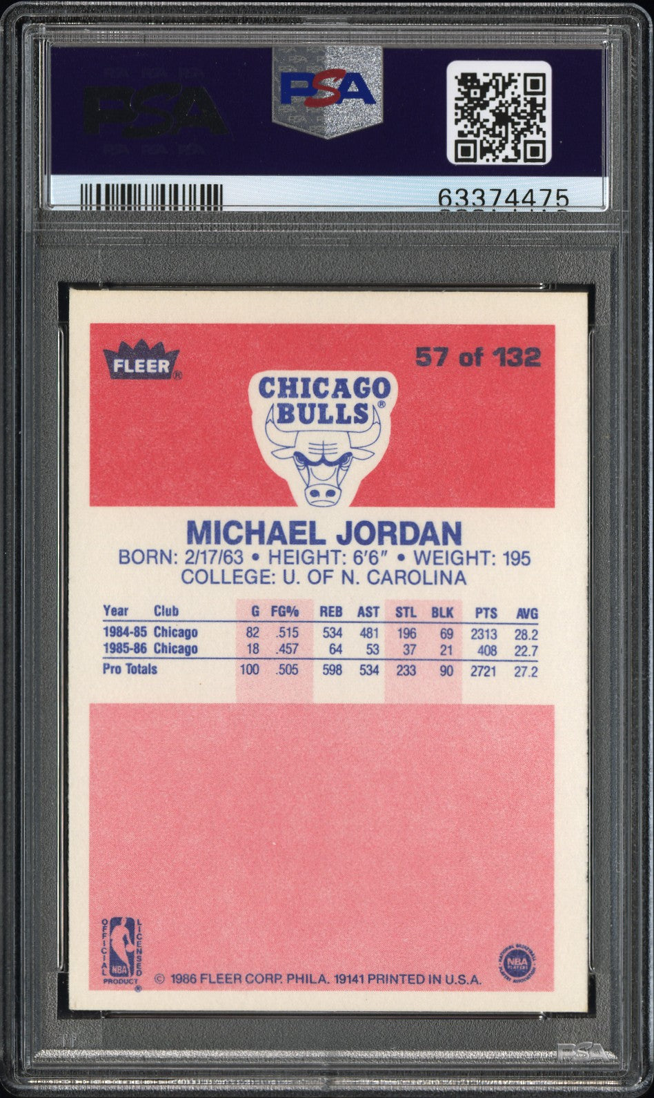 Michael Jordan PSA 7.5 1986 Fleer #57