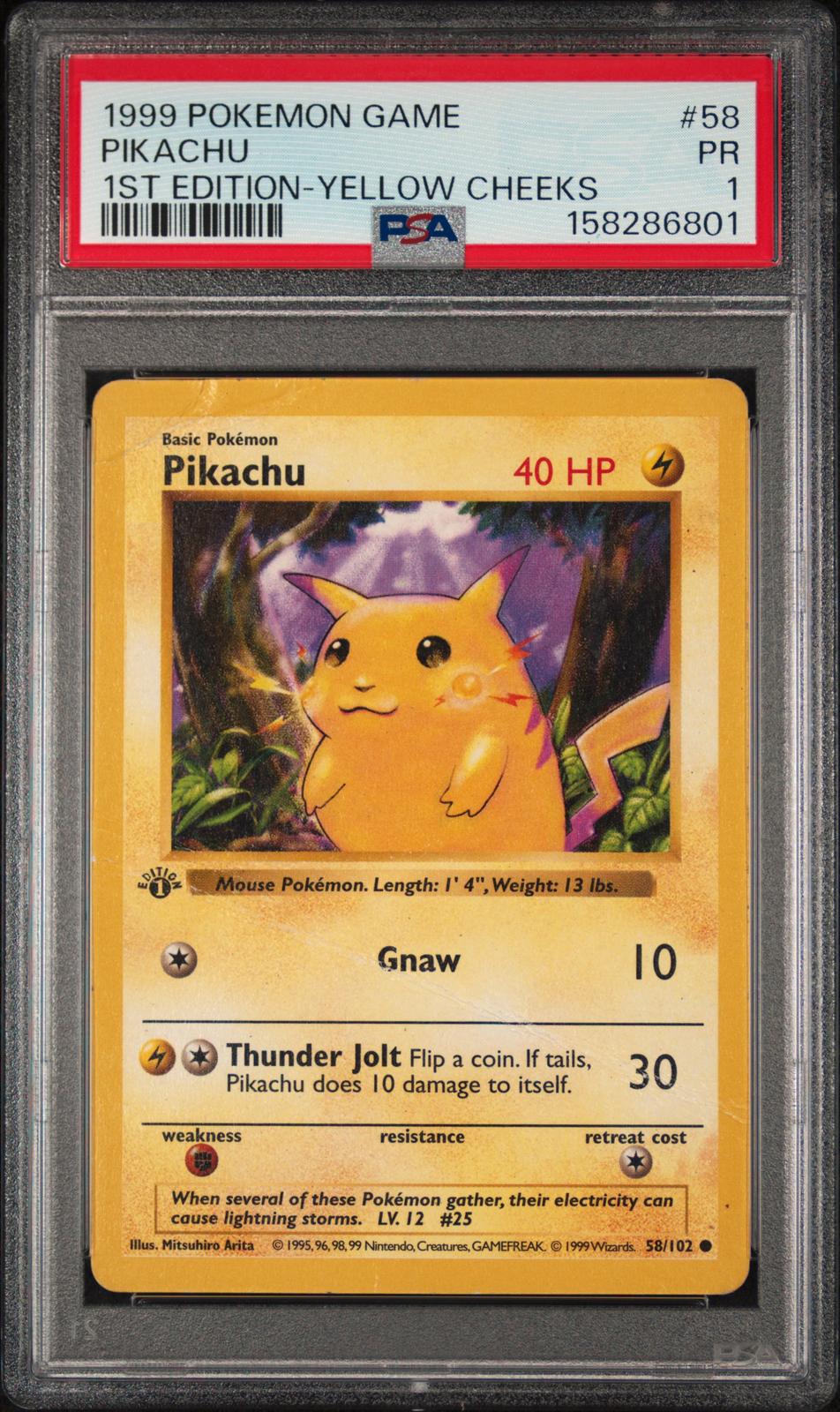 Pikachu 1st Edition Yellow Cheeks PSA 1 1999 Base Set #58 - LOW POP