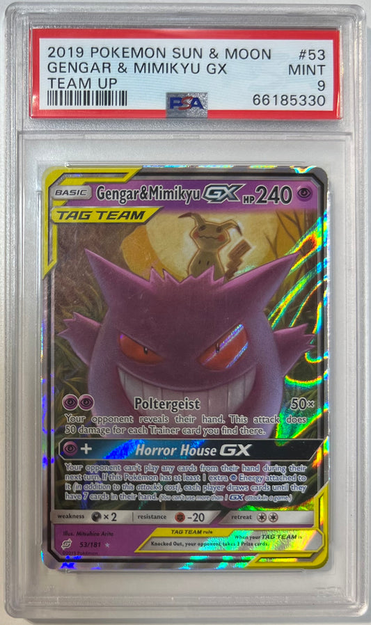 Gengar & Mimikyu GX PSA 9 2019 SM Team Up #53 (Scratch on slab)