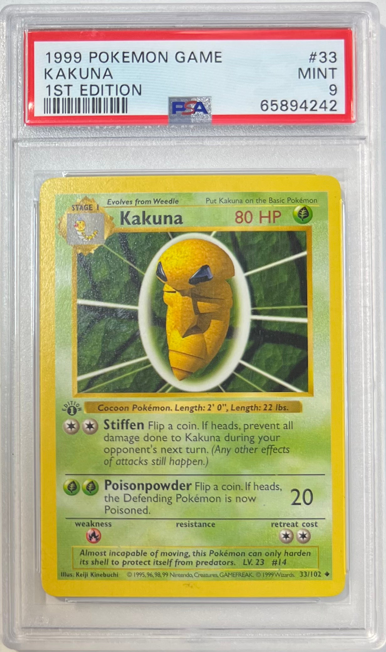 Kakuna 1st Edition PSA 9 1999 Pokemon Base Set Shadowless #33