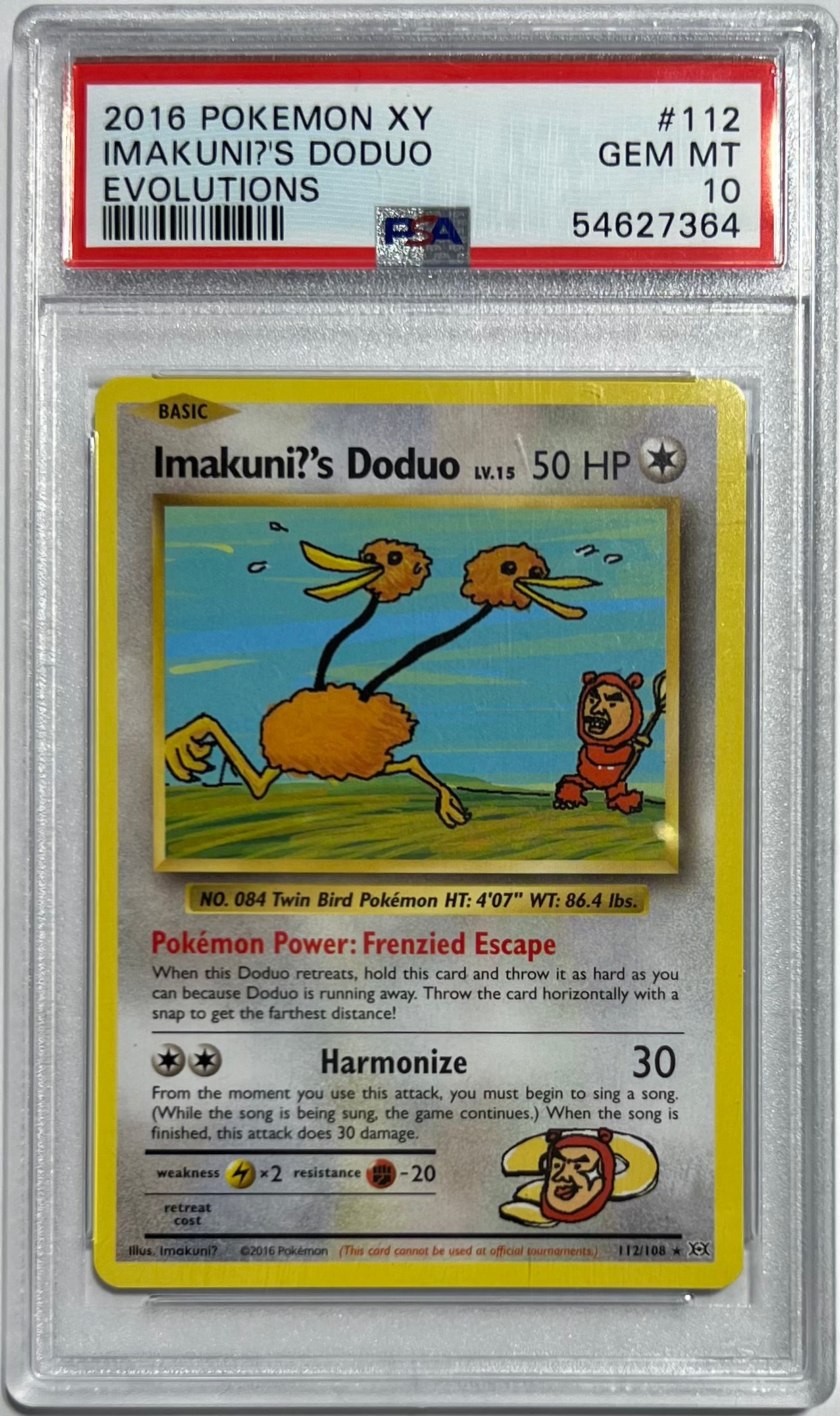 A graded Pokémon XY Imakuni's Doduo trading card, number 112, sealed in a PSA Gem Mint 10 holder. The card features a yellow border and depicts a Doduo running through a grassy field with a small character on the right.