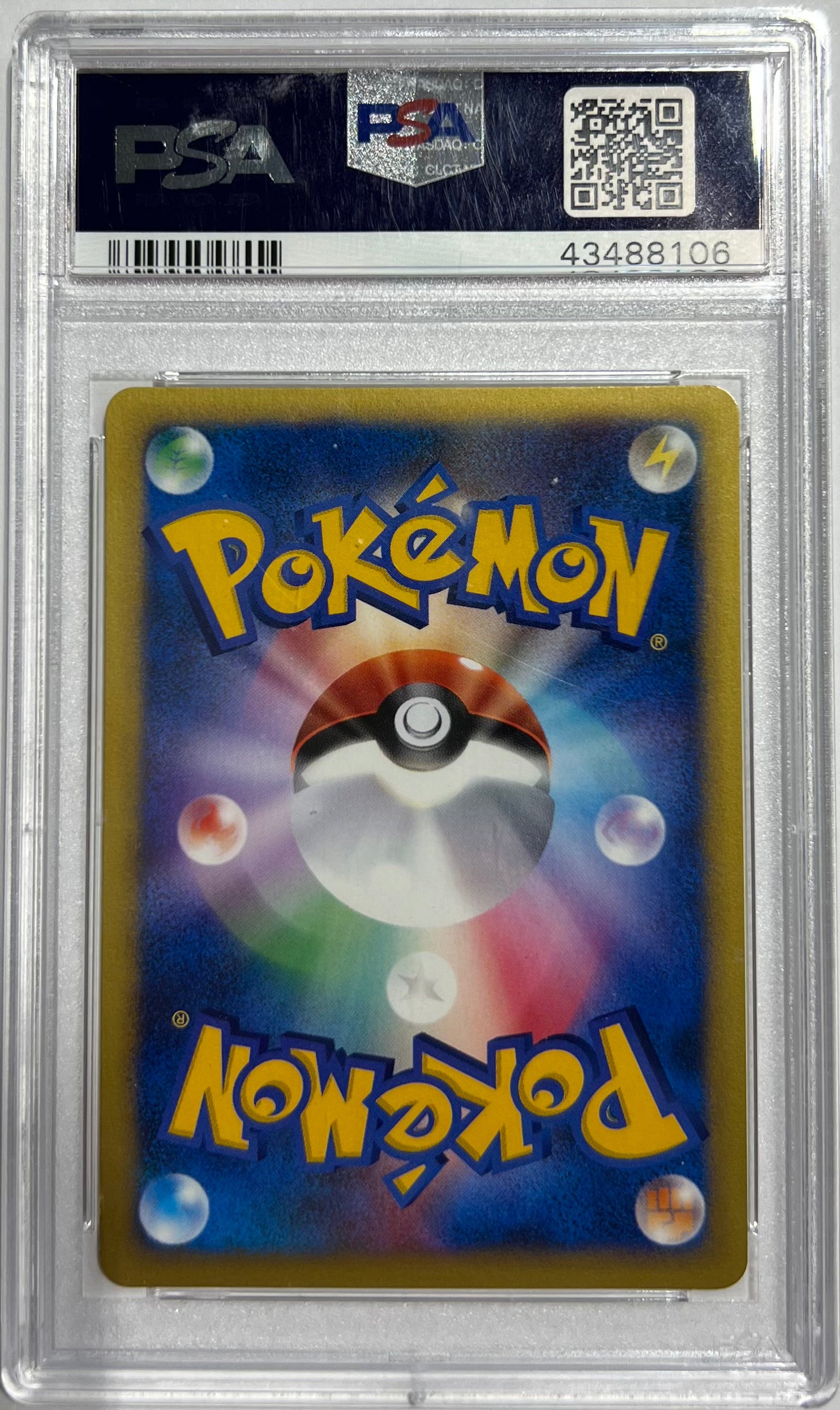 A graded PSA PSA+ Pokémon trading card in a clear plastic grading slab, featuring the blue and yellow Pokémon logo with a Pokéball design on the card face.