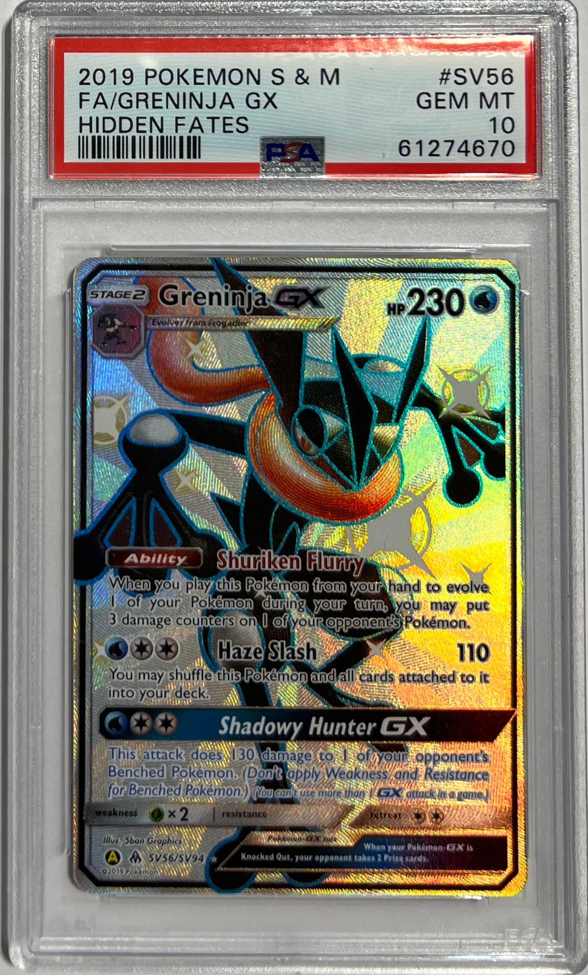 Greninja GX PSA 10 2019 Pokemon Sun & Moon Hidden Fates #SV56