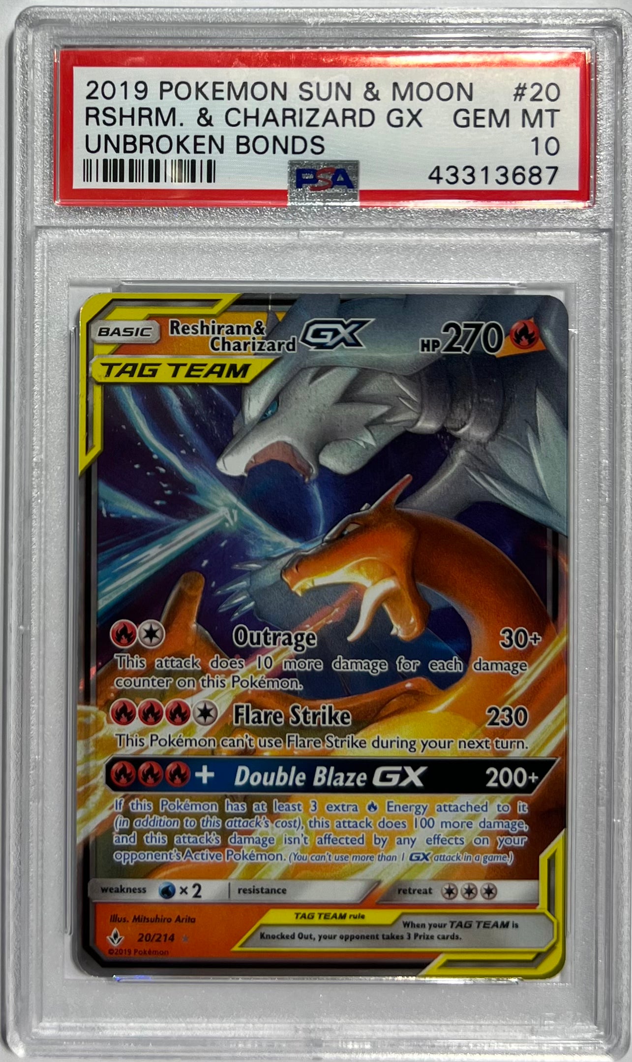 Reshiram & Charizard GX PSA 10 2019 Pokemon Sun & Moon Unbroken Bonds #20